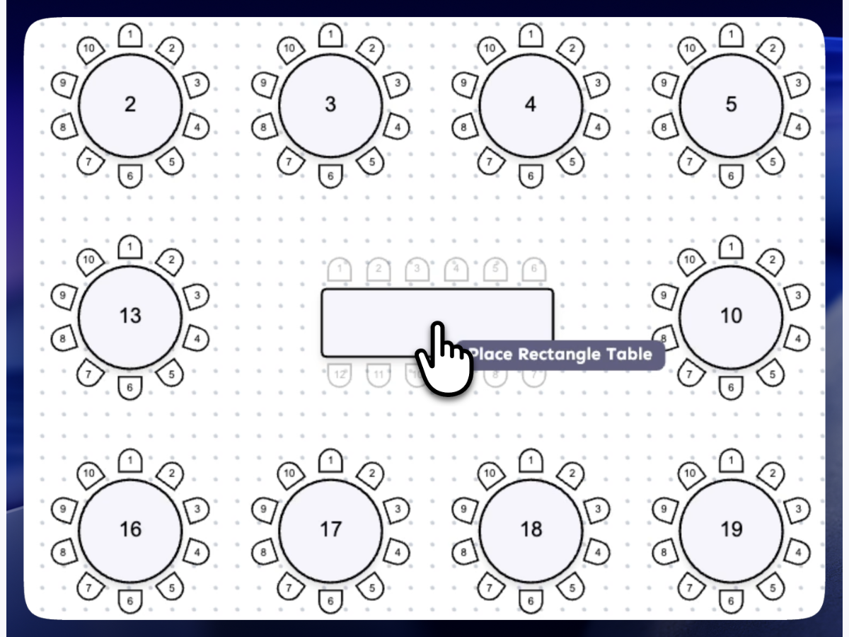 Placing a rectangle table into a room diagram by drag and drop, alongside numbered round tables