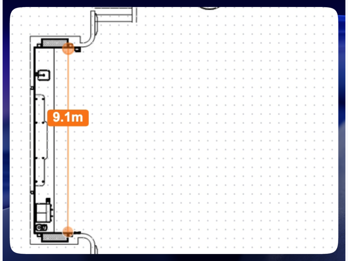 A to-scale room template with the space's real dimensions, doors, and fixed features