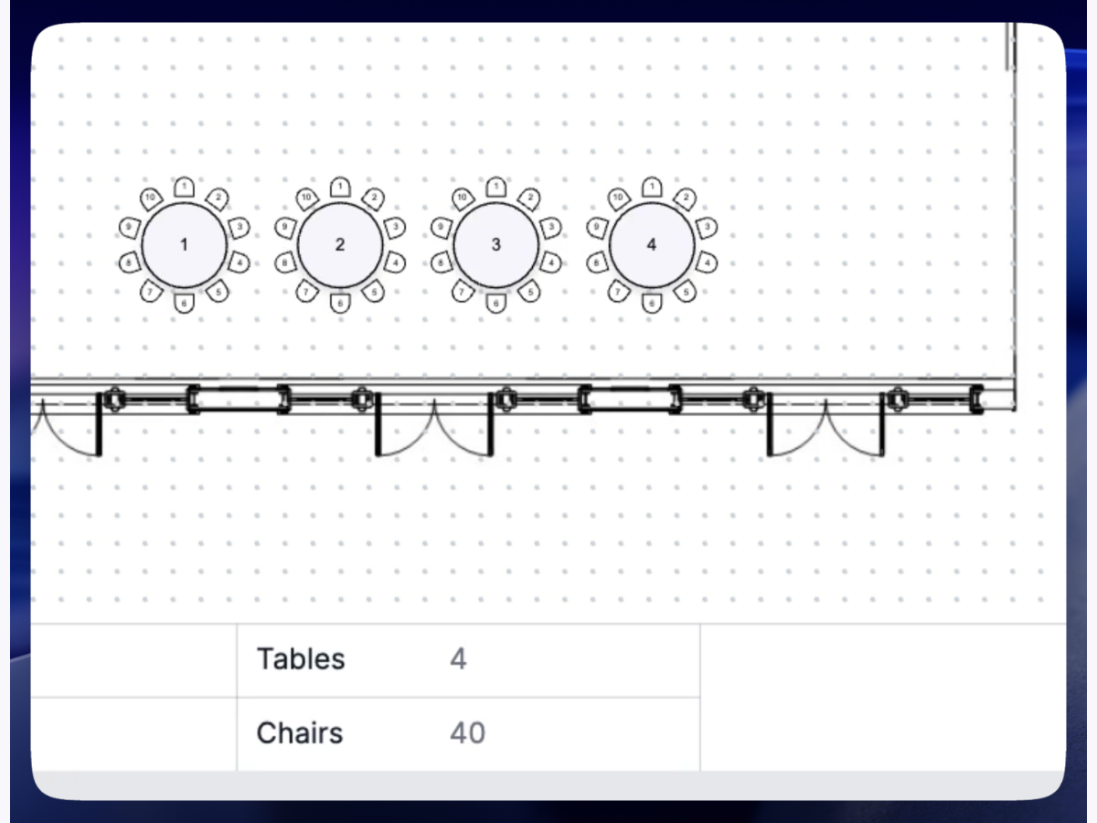The live inventory panel showing table and chair counts for the floorplan