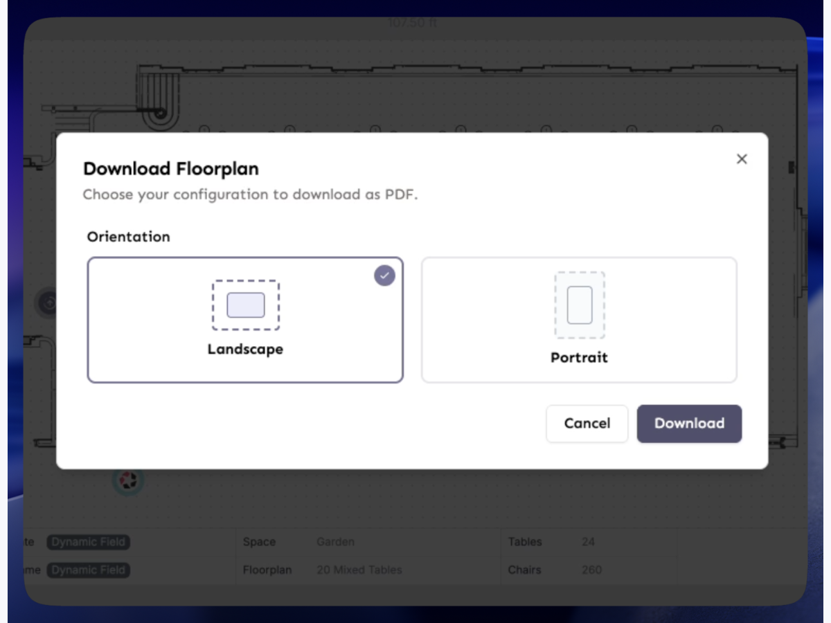 A print-ready floorplan export with the event details block